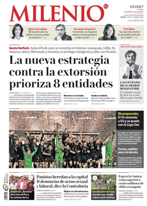 Portada de Milenio Puebla del lunes, 7 de julio de 2025
