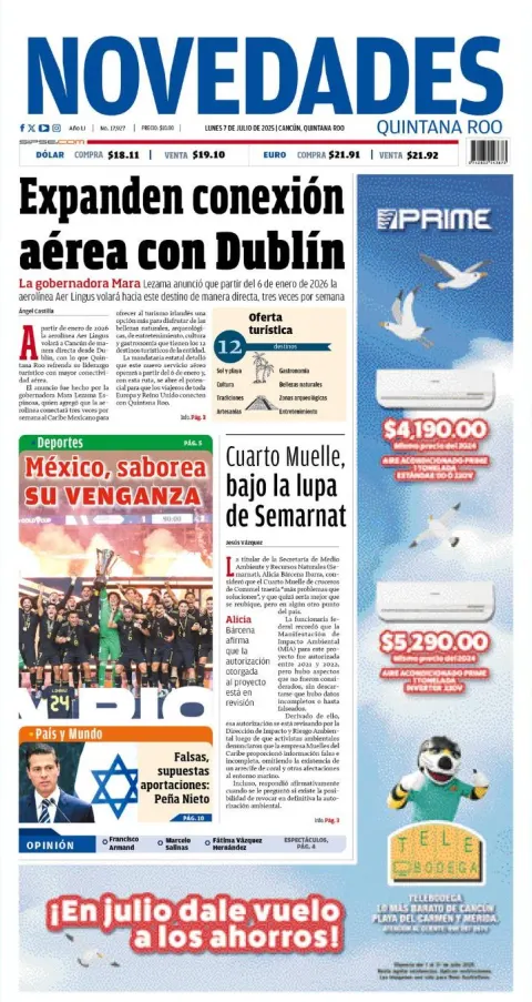 Portada de Novedades Quintana Roo del lunes, 7 de julio de 2025
