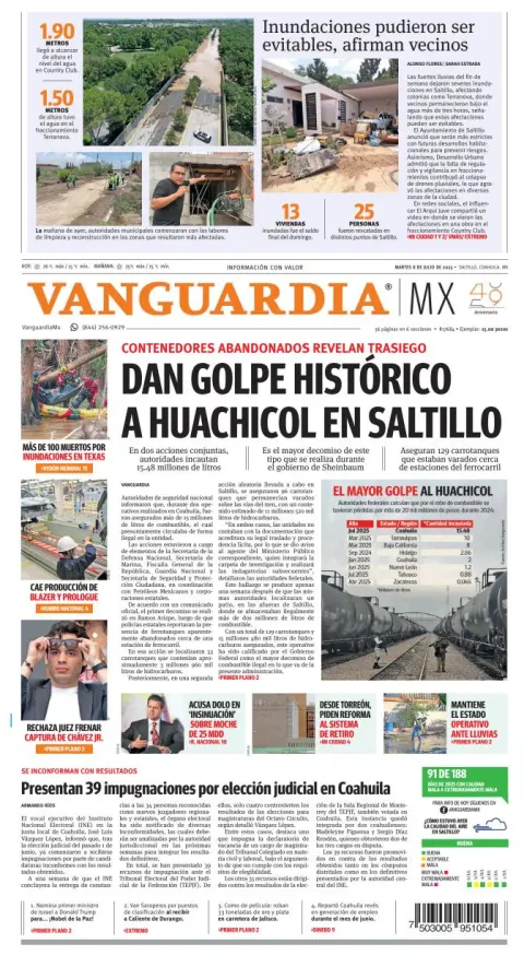 Portada de Vanguardia del martes, 8 de julio de 2025