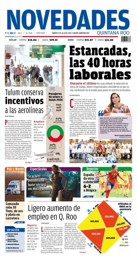 Portada de Novedades Quintana Roo del martes, 8 de julio de 2025