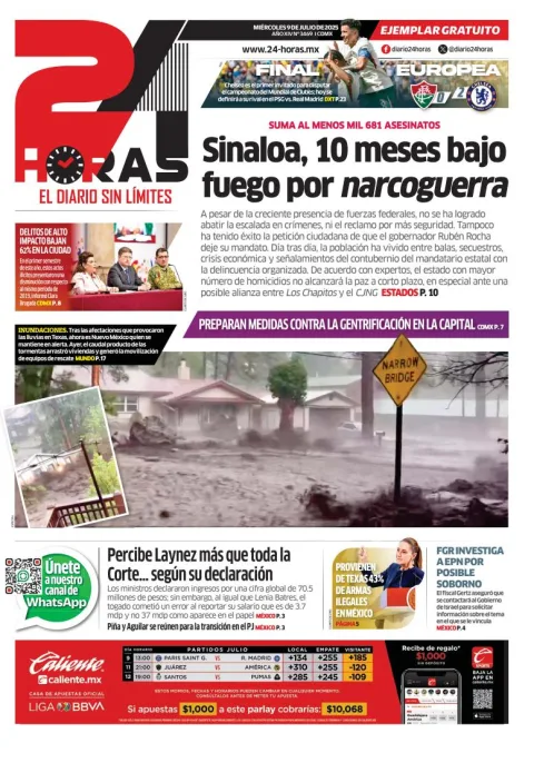 Portada de 24 Horas del miércoles, 9 de julio de 2025