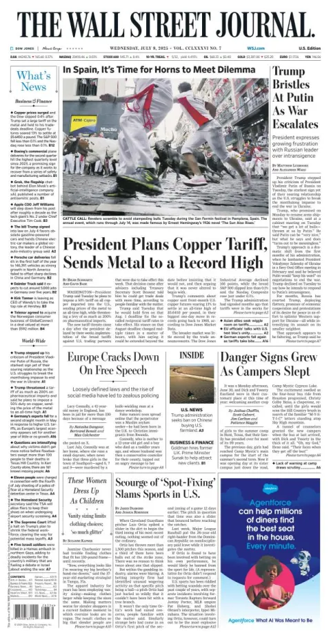 Portada de The Wall Street Journal del miércoles, 9 de julio de 2025