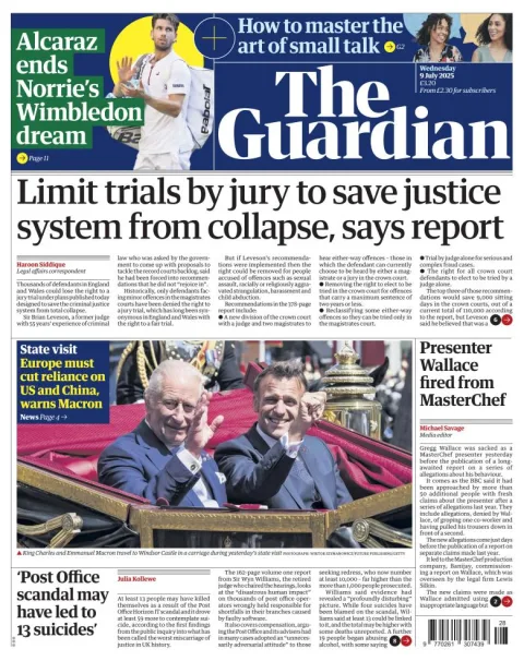 Portada de The Guardian (reino Unido) del miércoles, 9 de julio de 2025