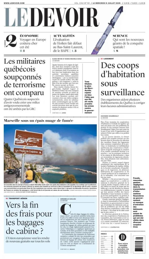 Portada de Le Devoir del miércoles, 9 de julio de 2025