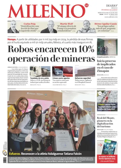 Portada de Milenio Hidalgo del miércoles, 9 de julio de 2025