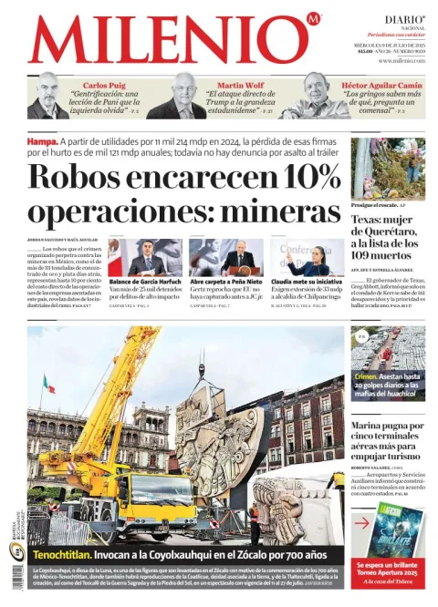 Portada de Milenio del miércoles, 9 de julio de 2025