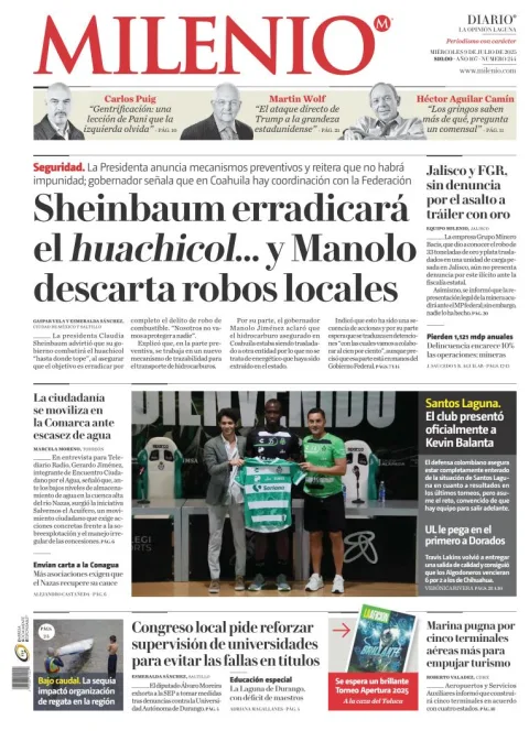 Portada de Milenio Laguna del miércoles, 9 de julio de 2025