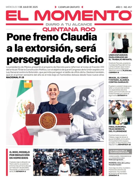 Portada de El Momento Quintana Roo del miércoles, 9 de julio de 2025