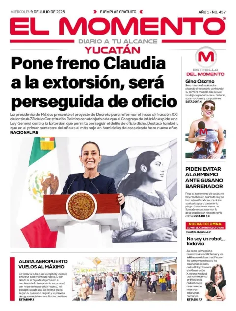 Portada de El Momento Yucatan del miércoles, 9 de julio de 2025