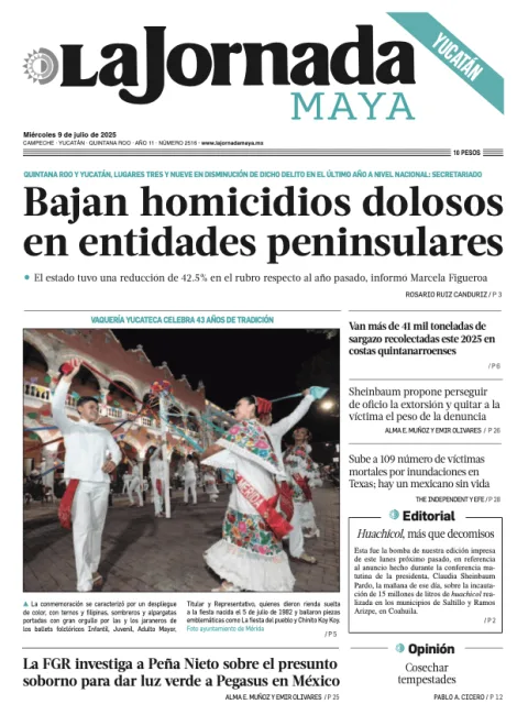 Portada de La Jornada Maya Yucatán del miércoles, 9 de julio de 2025