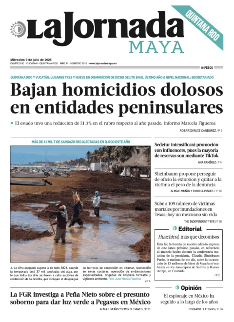 Portada de La Jornada Maya Quintana Roo del miércoles, 9 de julio de 2025