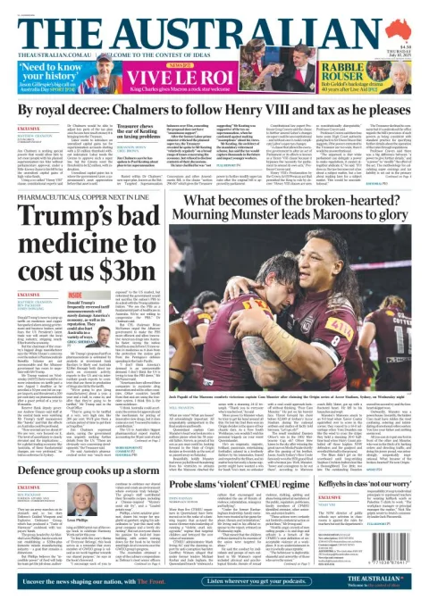 Portada de The Australian del jueves, 10 de julio de 2025
