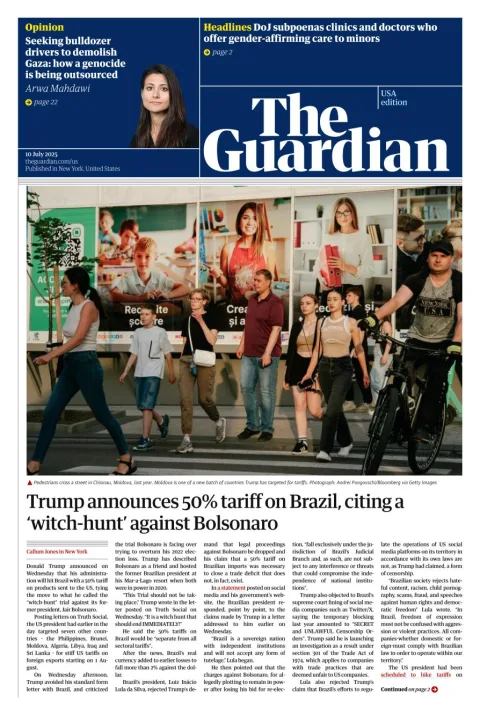 Portada de The Guardian (usa) del 2025-07-10