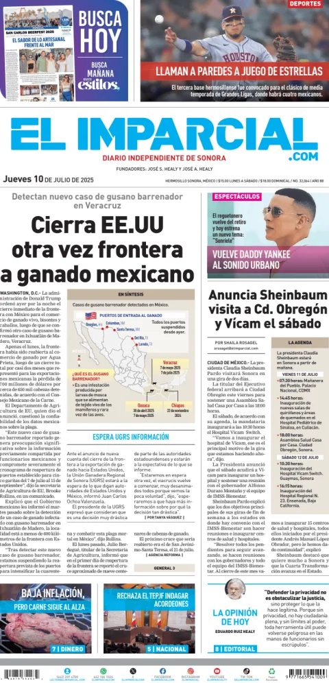 Portada de El Imparcial del jueves, 10 de julio de 2025