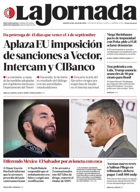 Portada de La Jornada del jueves, 10 de julio de 2025