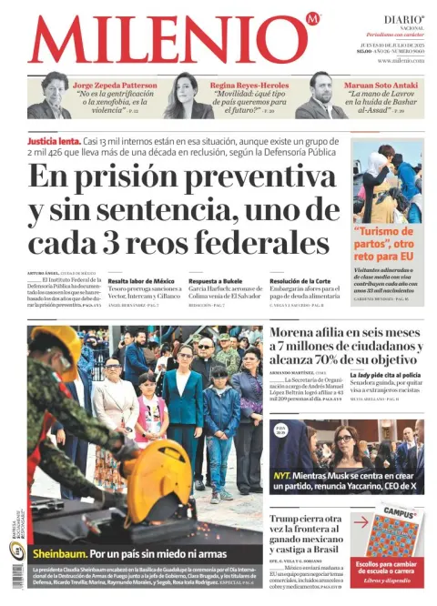 Portada de Milenio del jueves, 10 de julio de 2025