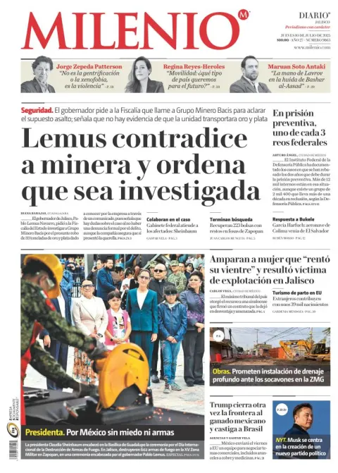 Portada de Milenio Jalisco del jueves, 10 de julio de 2025