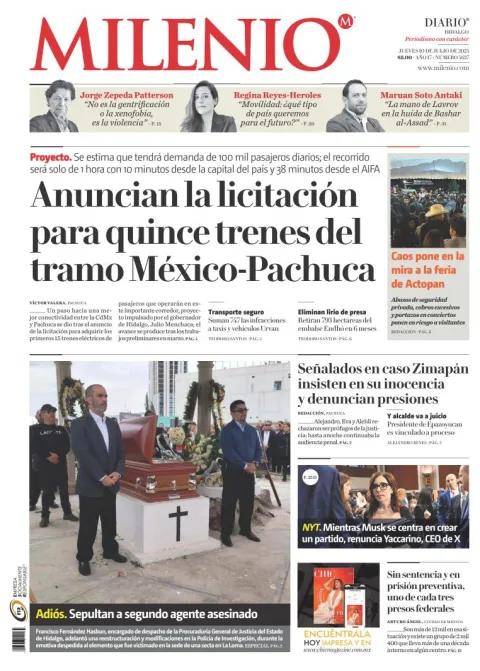 Portada de Milenio Hidalgo del jueves, 10 de julio de 2025