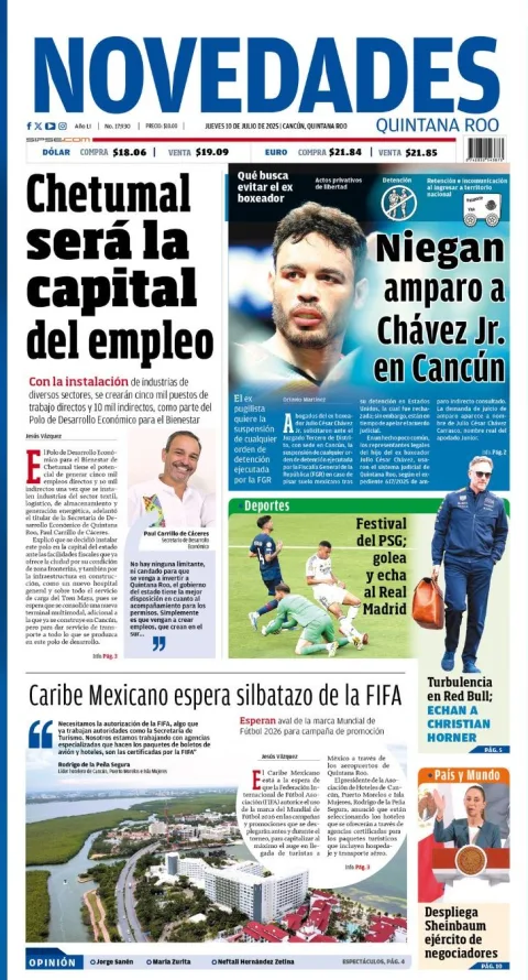 Portada de Novedades Quintana Roo del jueves, 10 de julio de 2025