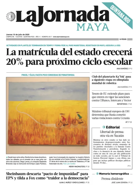 Portada de La Jornada Maya Quintana Roo del jueves, 10 de julio de 2025