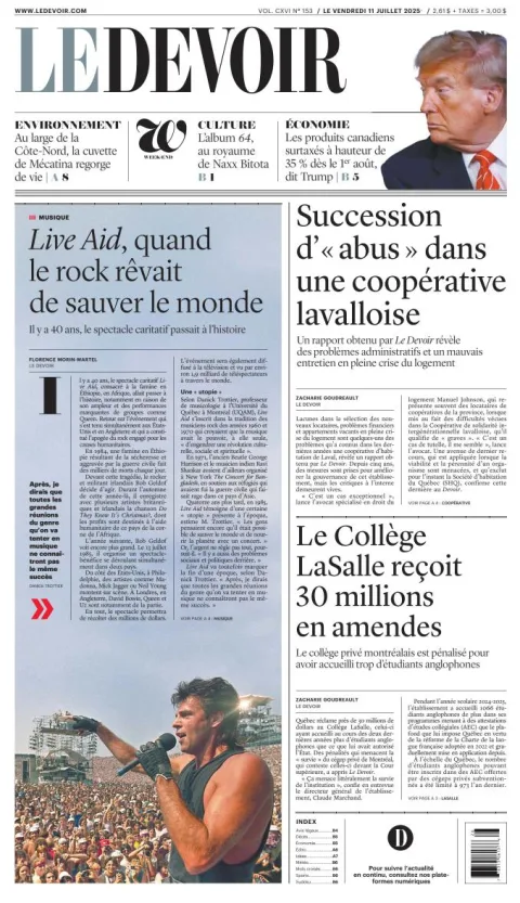Portada de Le Devoir del viernes, 11 de julio de 2025