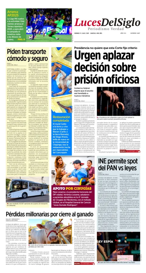 Portada de Luces del Siglo del viernes, 11 de julio de 2025