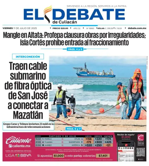 Portada de El Debate de Culiacan del viernes, 11 de julio de 2025