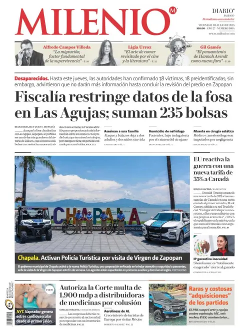 Portada de Milenio Jalisco del viernes, 11 de julio de 2025
