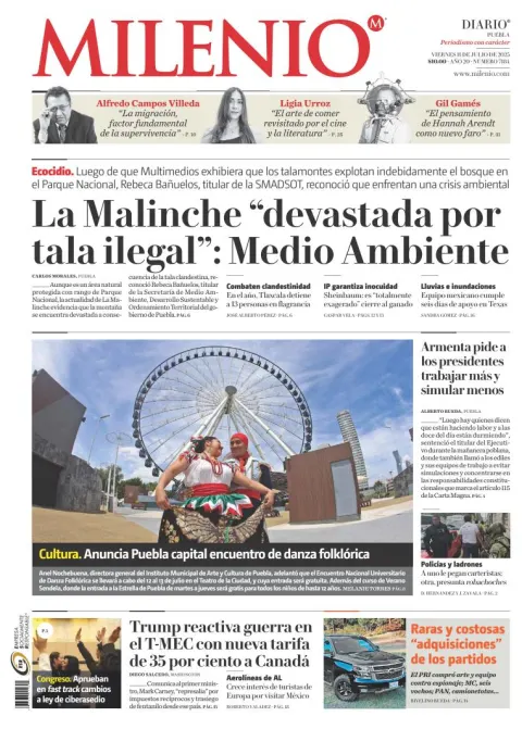 Portada de Milenio Puebla del viernes, 11 de julio de 2025