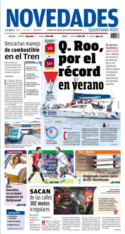 Portada de Novedades Quintana Roo del viernes, 11 de julio de 2025