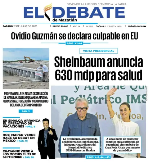 Portada de El Debate de Mazatlan del 2025-07-12
