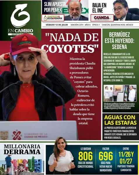 Portada de En Cambio - Quintana Roo (portada) del sábado, 12 de julio de 2025