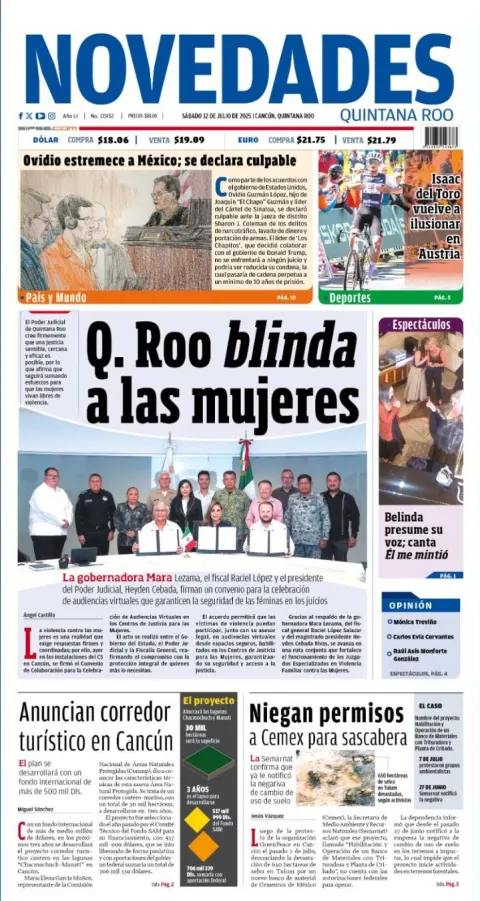Portada de Novedades Quintana Roo del sábado, 12 de julio de 2025