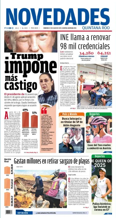 Portada de Novedades Quintana Roo del domingo, 13 de julio de 2025