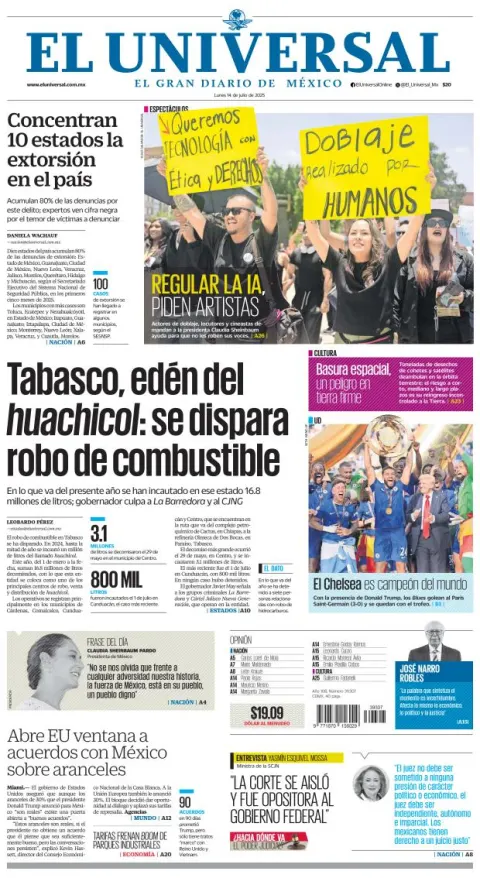 Portada de El Universal del lunes, 14 de julio de 2025