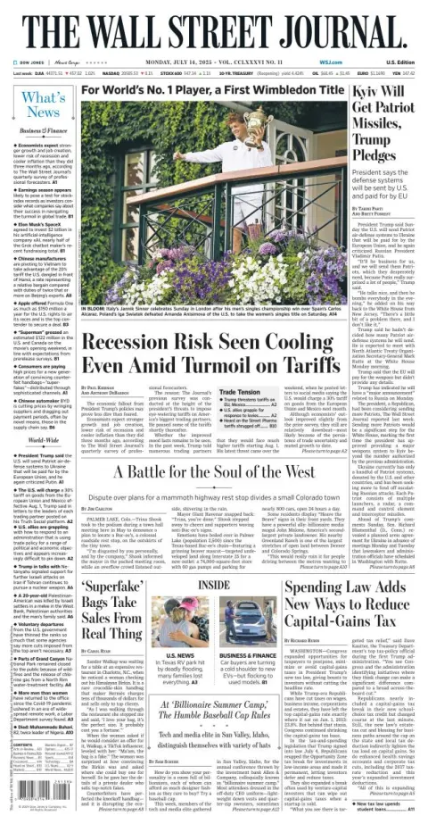 Portada de The Wall Street Journal del lunes, 14 de julio de 2025