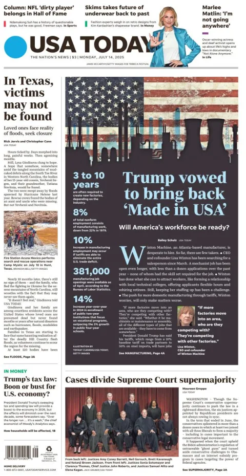 Portada de Usa Today del lunes, 14 de julio de 2025