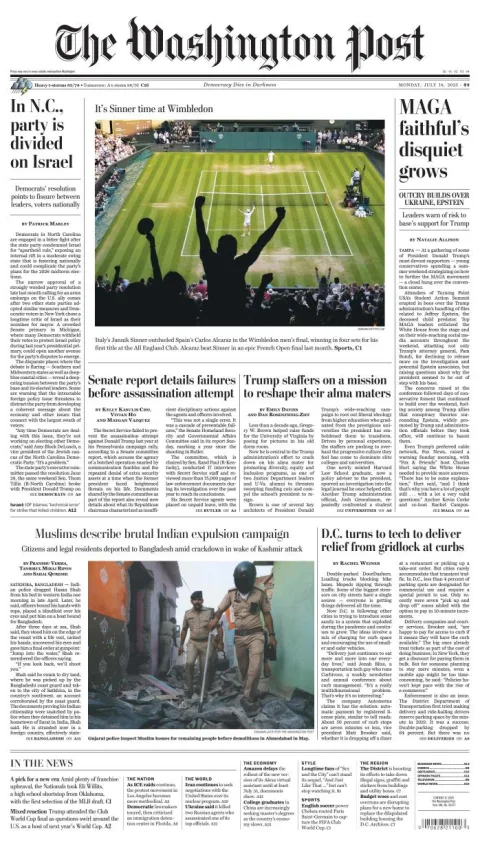Portada de The Washington Post del lunes, 14 de julio de 2025