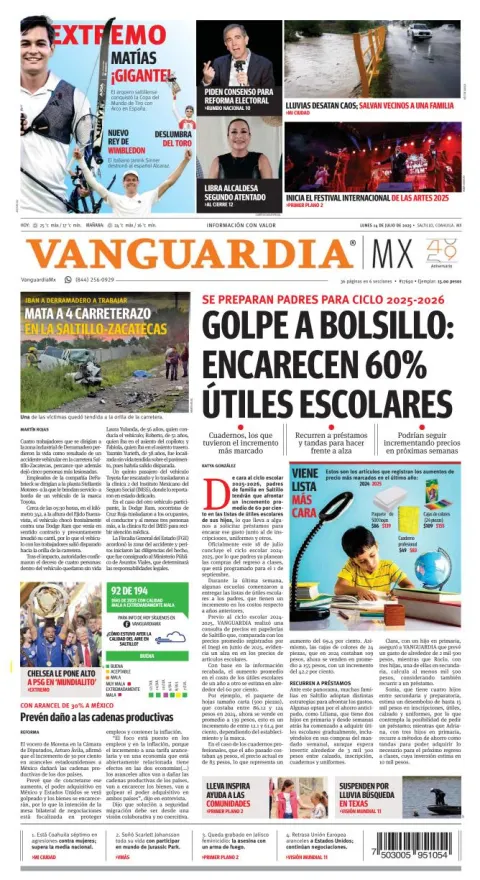 Portada de Vanguardia del lunes, 14 de julio de 2025