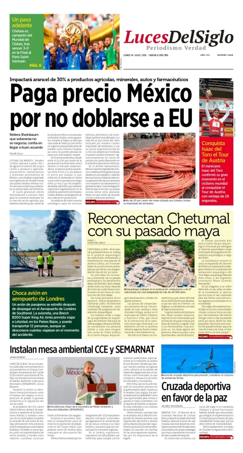 Portada de Luces del Siglo del lunes, 14 de julio de 2025