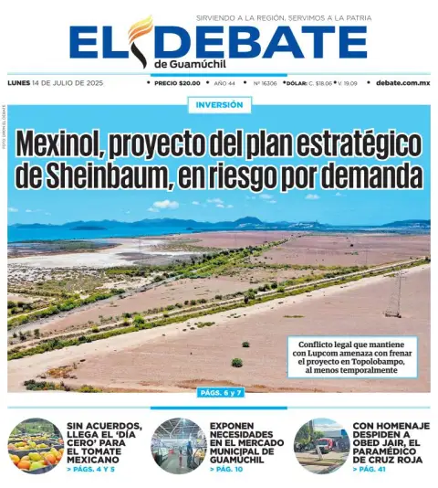 Portada de El Debate de Guamuchil del lunes, 14 de julio de 2025