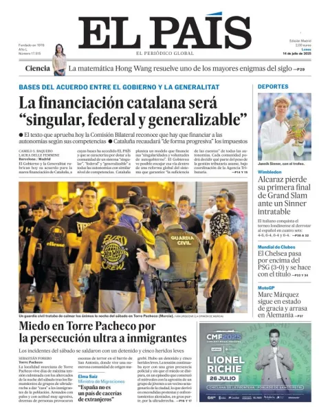 Portada de El Pais del lunes, 14 de julio de 2025