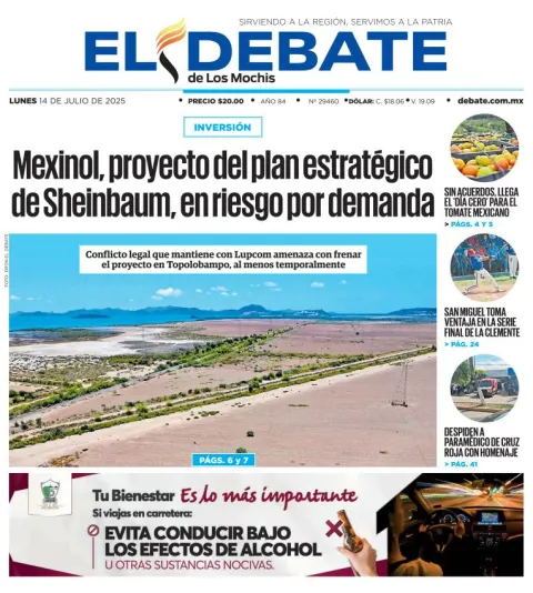 Portada de El Debate de los Mochis del lunes, 14 de julio de 2025