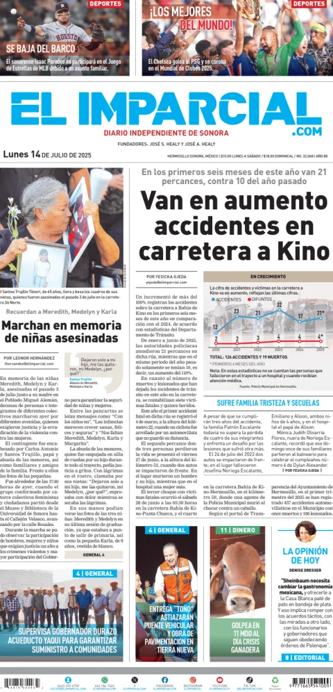 Portada de El Imparcial del lunes, 14 de julio de 2025