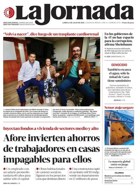 Portada de La Jornada del lunes, 14 de julio de 2025