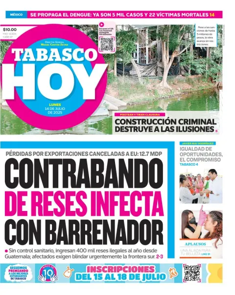 Portada de Tabasco Hoy del lunes, 14 de julio de 2025