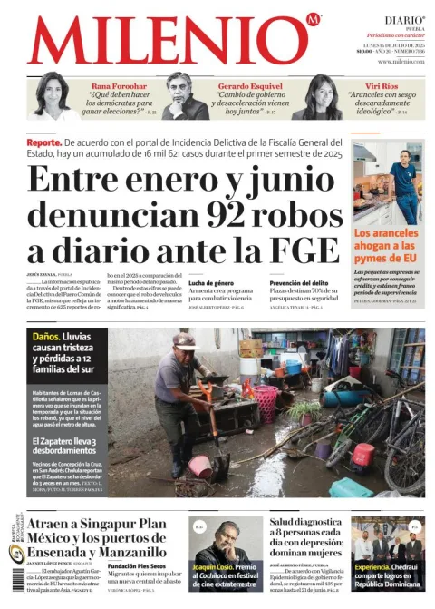 Portada de Milenio Puebla del lunes, 14 de julio de 2025