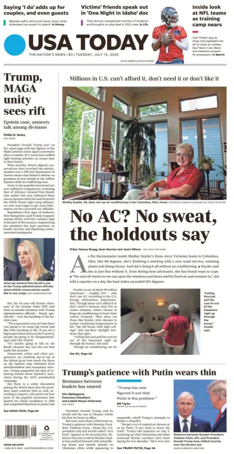 Portada de Usa Today del martes, 15 de julio de 2025