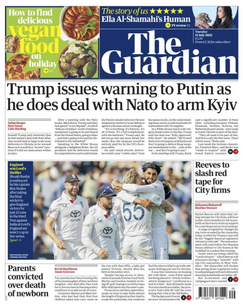 Portada de The Guardian (reino Unido) del martes, 15 de julio de 2025