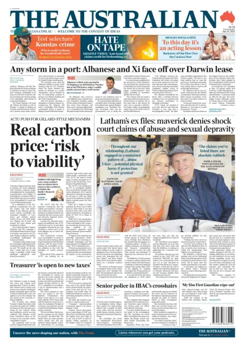 Portada de The Australian del martes, 15 de julio de 2025